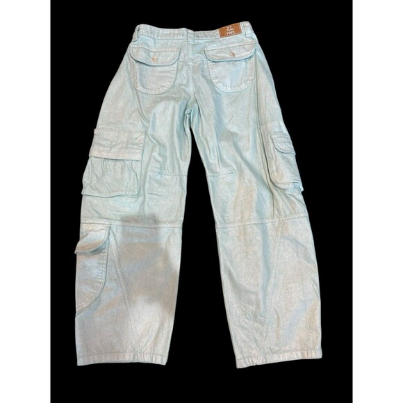 Free People Lap of Luxury Barrel Cargo Jeans Aqua Marine Metallic Size 27 NWOT - Picture 8 of 14